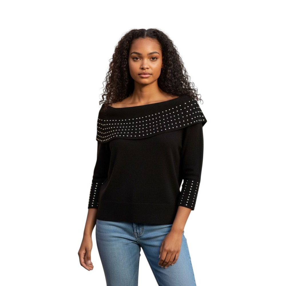 Questions‎ Black Off Shoulder Sweater Stud Embellished 3/4 Sleeve Women's L